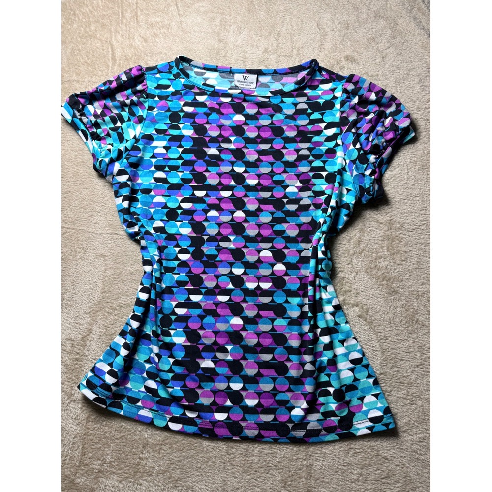 Worthington Petite Stretch PM  Geometric Circle Puff Sleeve Blouse y2K Mod Retro